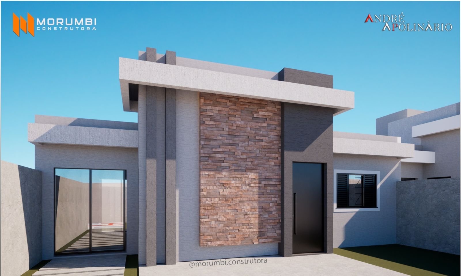 Fachada diurna da residência com revestimento em pedra