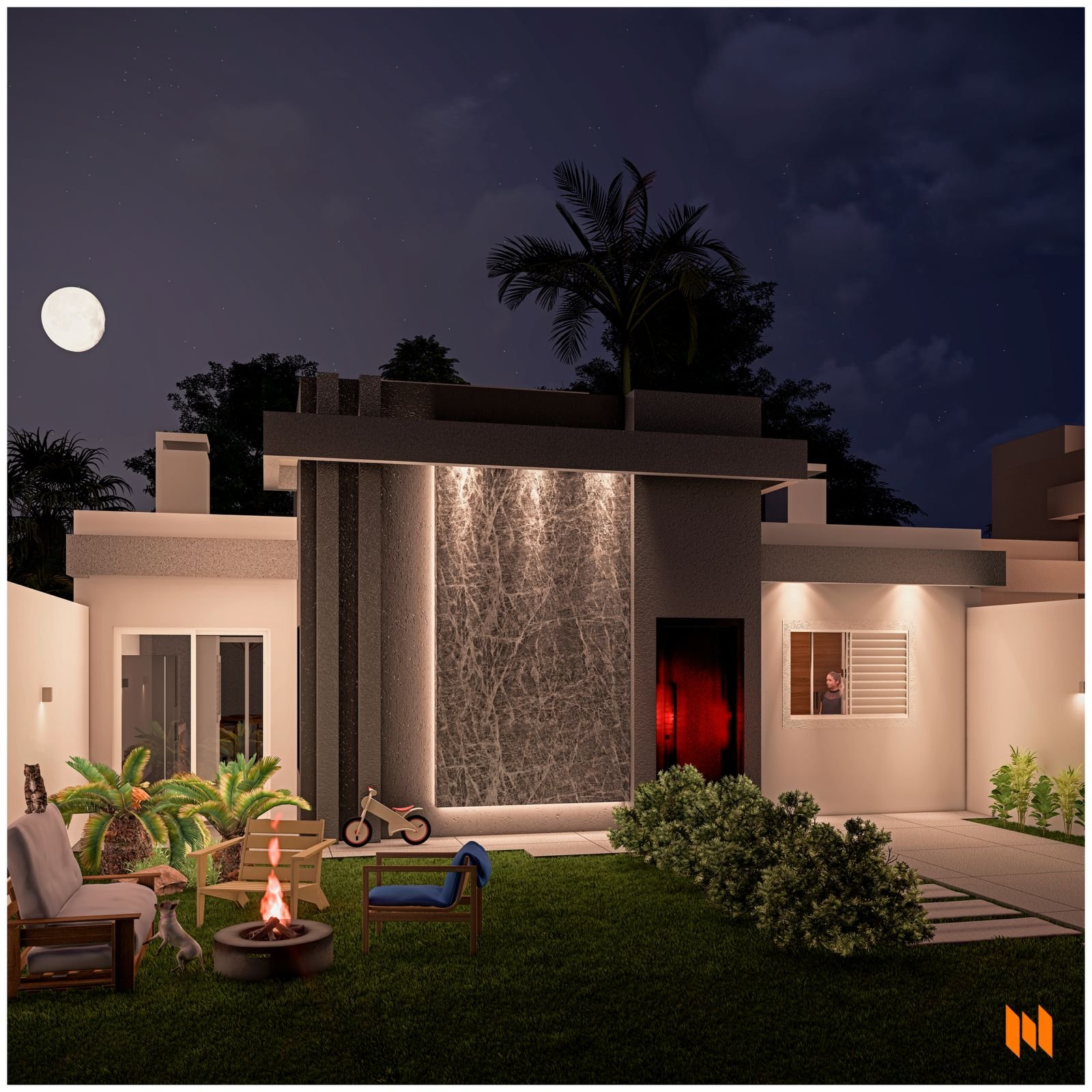 Residência 4K — render noturno com painel de pedra iluminado e jardim tropical