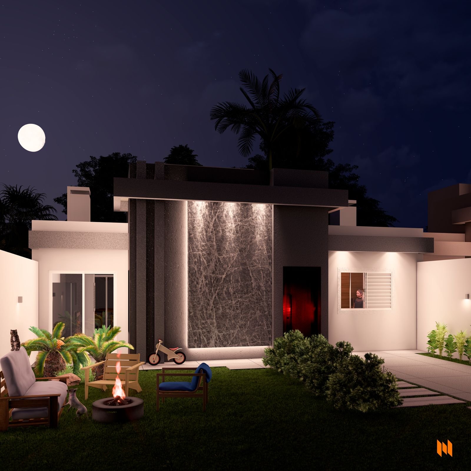 Ângulo panorâmico da residência 4K com paisagismo completo