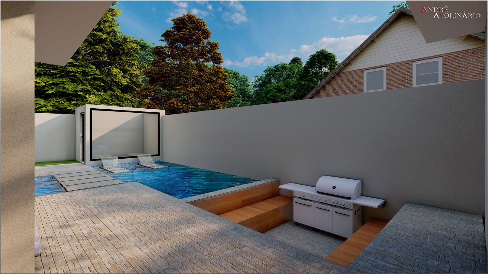 Residência Marlone e Fran — área de lazer com piscina e churrasqueira